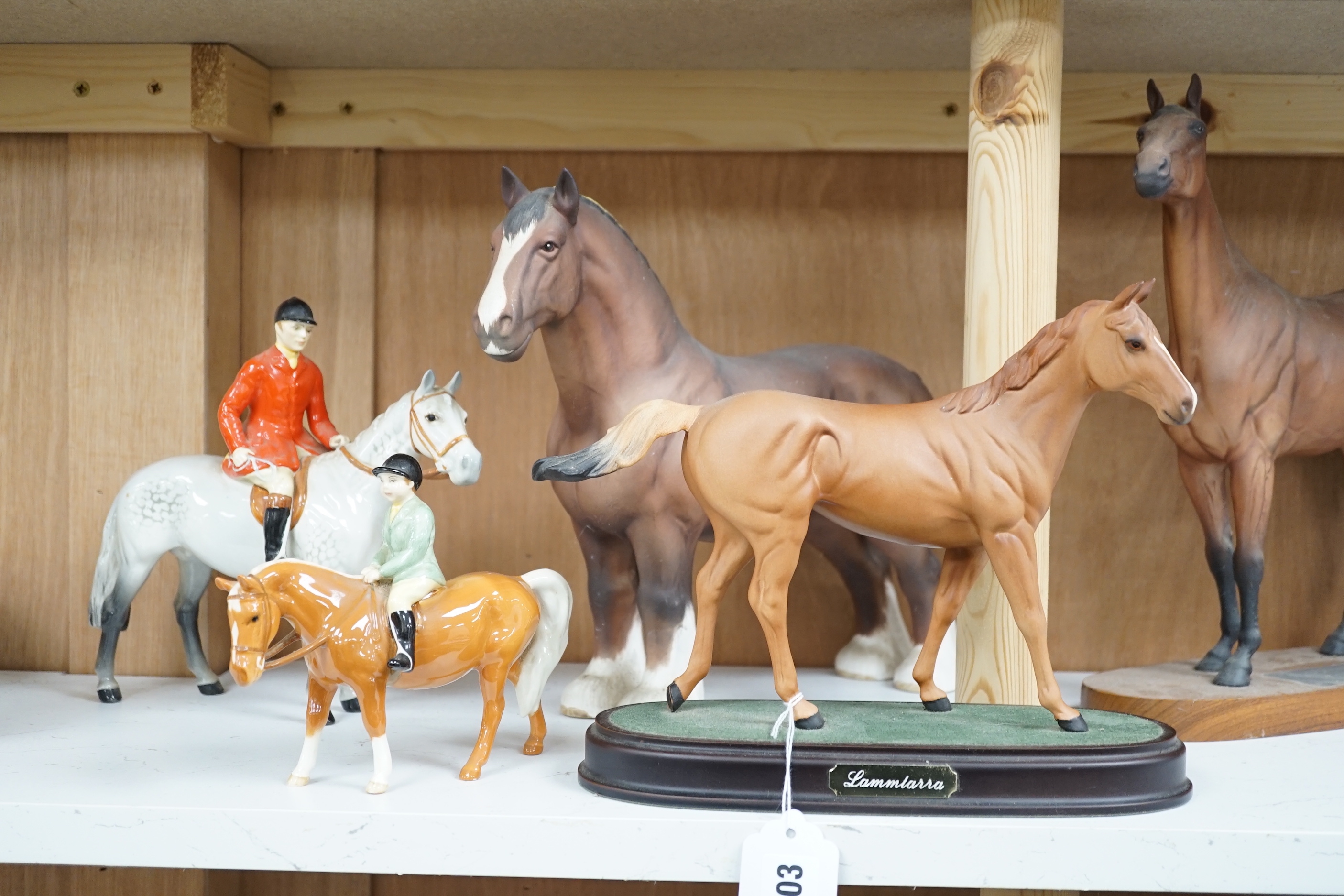 Five Beswick horses including a huntsman on a grey and Palomino pony with boy rider, huntsman 20.5cm high, (8)